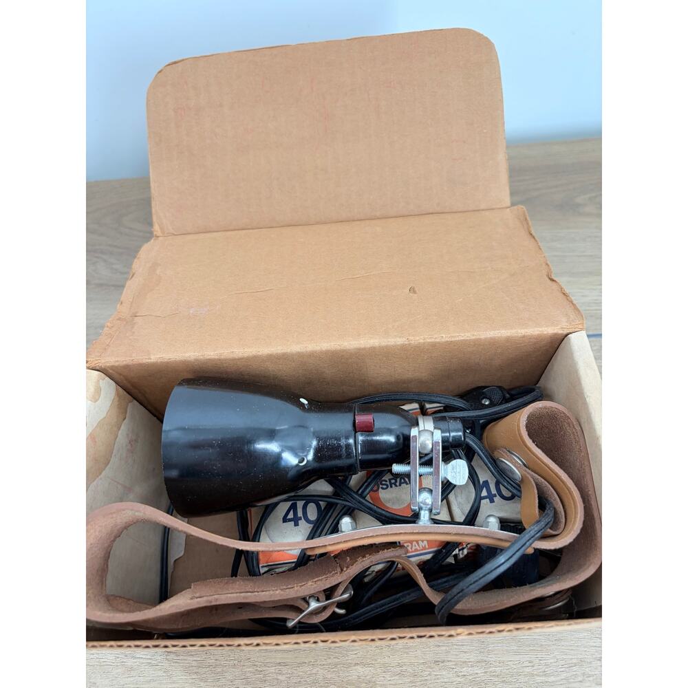 Vintage Osram Headlamp w/ Leather Strap & 4x 40W Bulbs Bundle